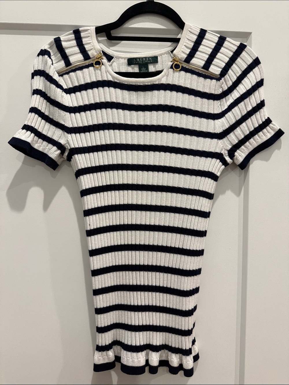 Lauren Ralph Lauren White & Navy Striped Ribbed Short Sleeve Top